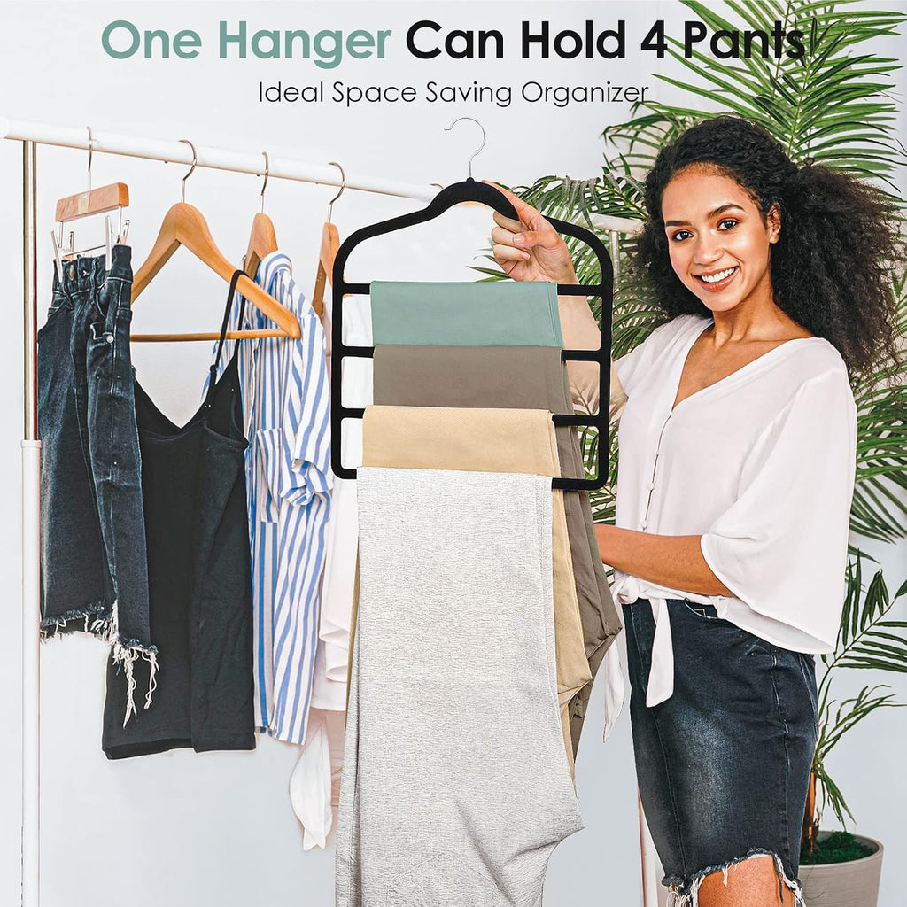 Velvet Hangers Space Saving Non Slip Pant Velvet Hangers Multi Layer Hanger | 6 Pack Black Clothes Hangers Closet