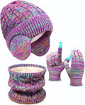 Kids Winter Hat Gloves Scarf Set,Toddler Girls Boys Beanie Hat with Earflaps,Knit Mittens & Neck Gaiter Warmer for