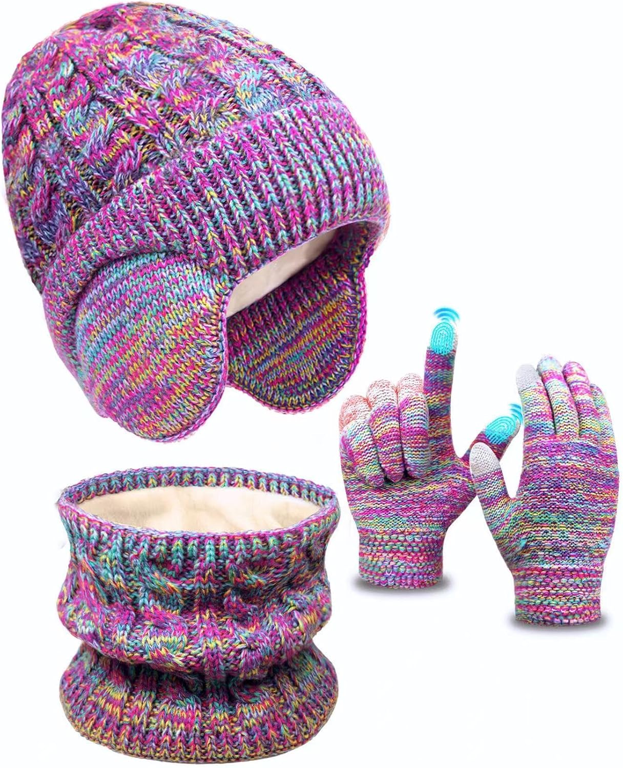 Kids Winter Hat Gloves Scarf Set,Toddler Girls Boys Beanie Hat with Earflaps,Knit Mittens & Neck Gaiter Warmer for