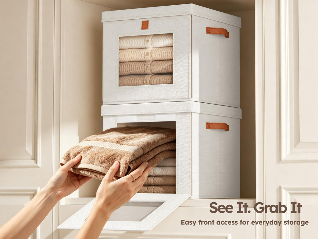 Cube Storage Bins with Lids - Front Opening, Clear Window, 2 Pack