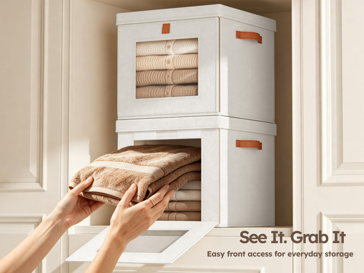 Cube Storage Bins with Lids - Front Opening, Clear Window, 2 Pack