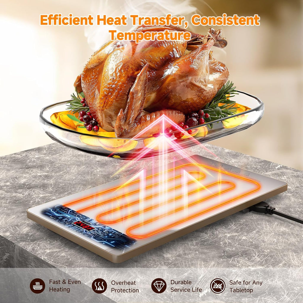 Food Warmers for Parties Buffet – 4-in-1 Electric Warming Tray for Food with 10 Temp Settings & Timer, 33"x15" Glass