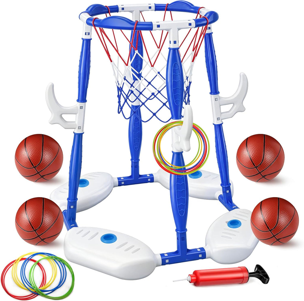 Pool Basketball Hoop, 2-in-1 Floating Basketball Hoop & Ring Games with 4 Balls 12 Rings and Pump, Outdoor Family