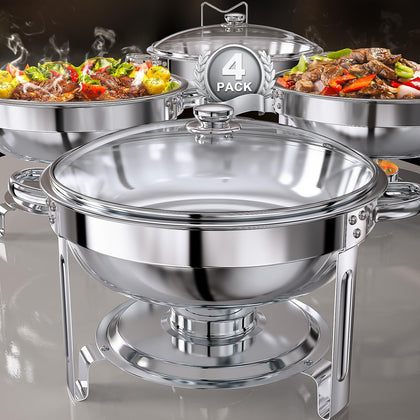 Chafing Dishes for Buffet Set: Round Catering Food Warmer with Lids | 4 Pack 100% Pre-Installed Design Makes Setup