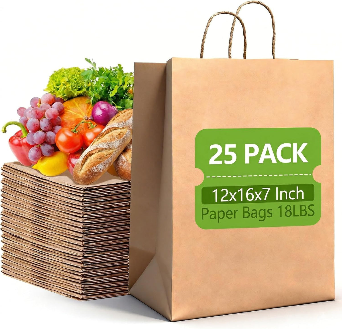 Brown Paper Bags with Handles 12x16x7 inch,25 Pack