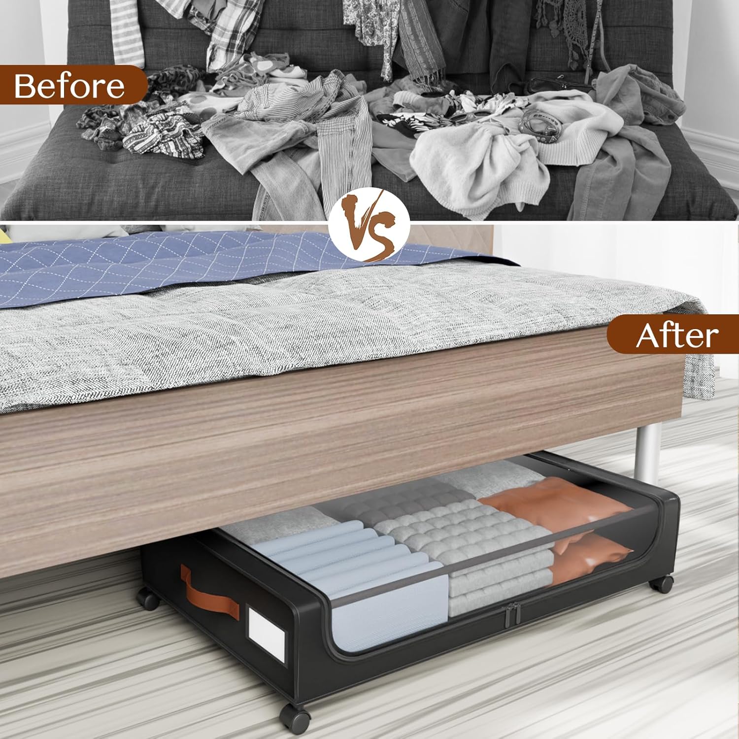 Under Bed Storage with Wheels, UnderBed Storage Containers with Clear Lid and Handles, XXL 60L Under the Bed Storage