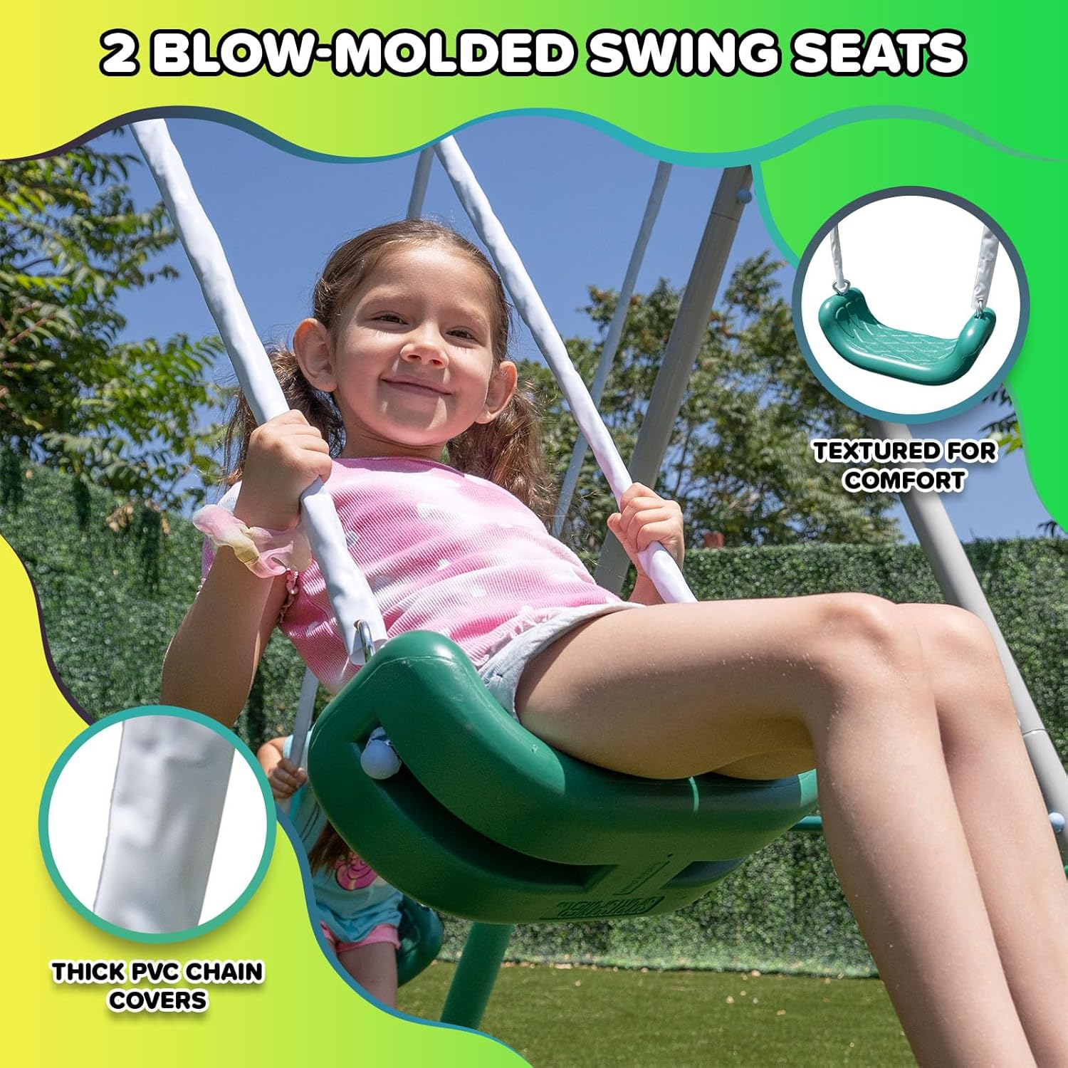 Northridge Metal Swing Set, 500 lb Capacity, 32" Saucer, 2 Blow-Molded Swings & 5ft Slide, Durable 6ft Frame, Outdoor
