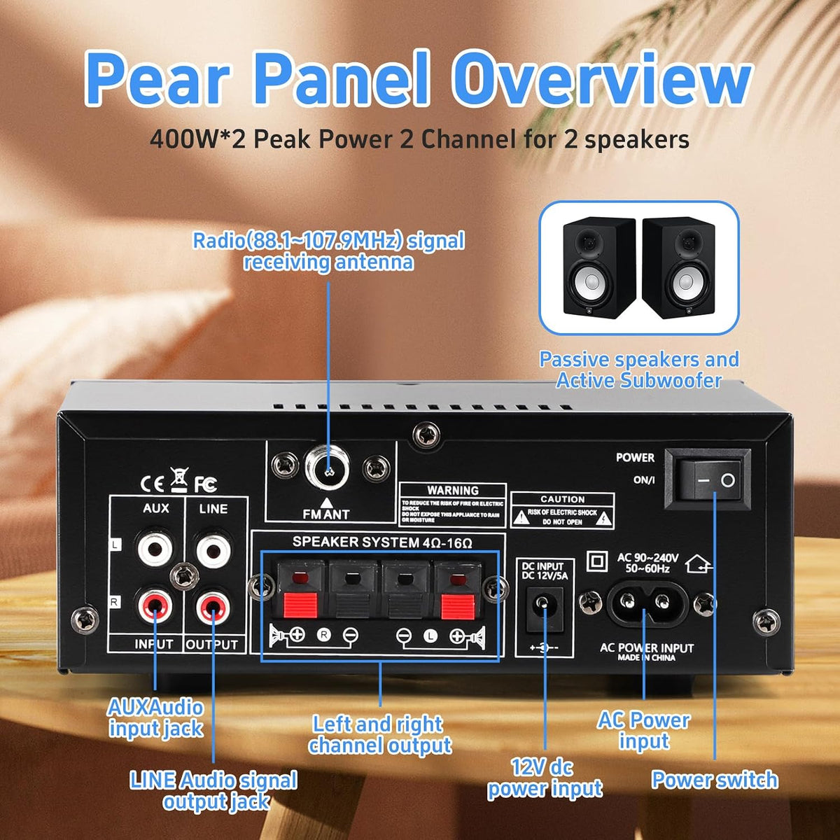 AK50 Bluetooth 5.0 Stereo Receivers, 2 Channel 400W Home Stereo Amplifier