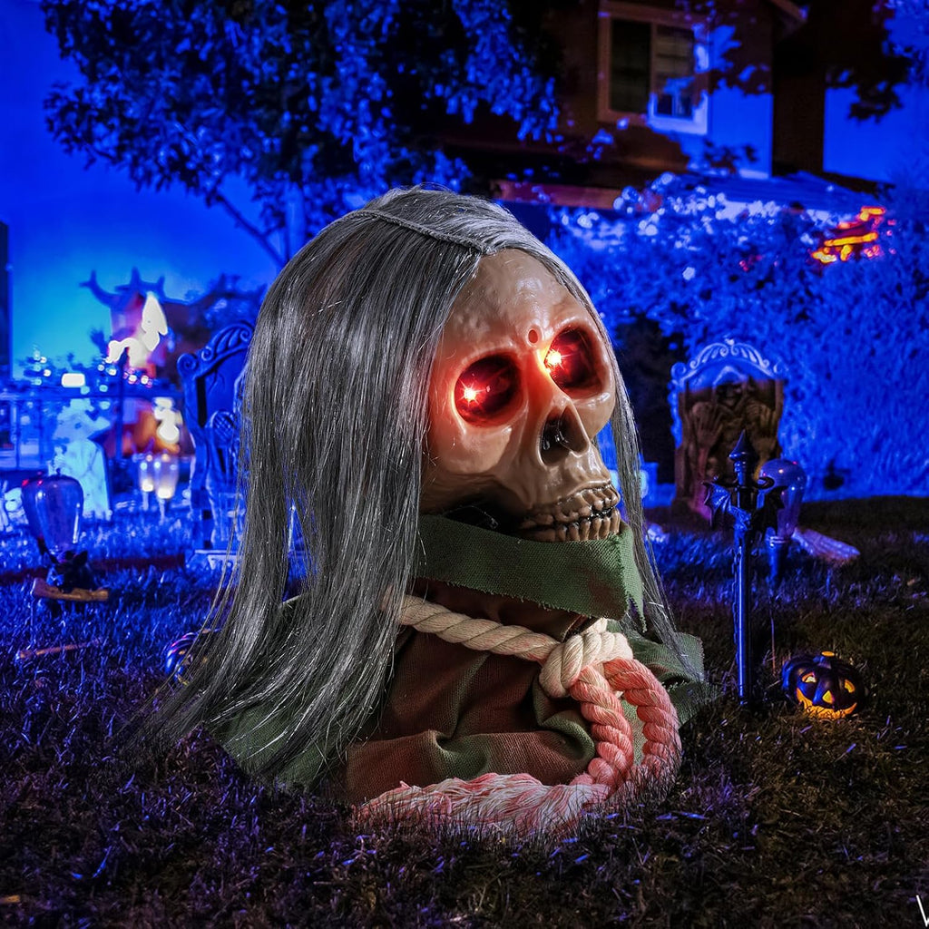 Halloween Animatronic Decorations,Creepy Moving Skeleton Prop with Sounds and Flashing Red Eyes,Voice-Activated