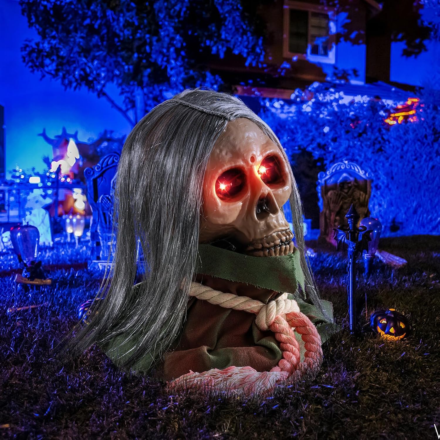 Halloween Animatronic Decorations,Creepy Moving Skeleton Prop with Sounds and Flashing Red Eyes,Voice-Activated