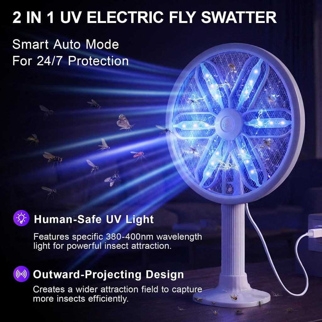 Rotating Head Electric Fly Swatter with 16–40" Telescopic Handle, 4000V | 2-in-1 UV USB Rechargeable Bug Zapper