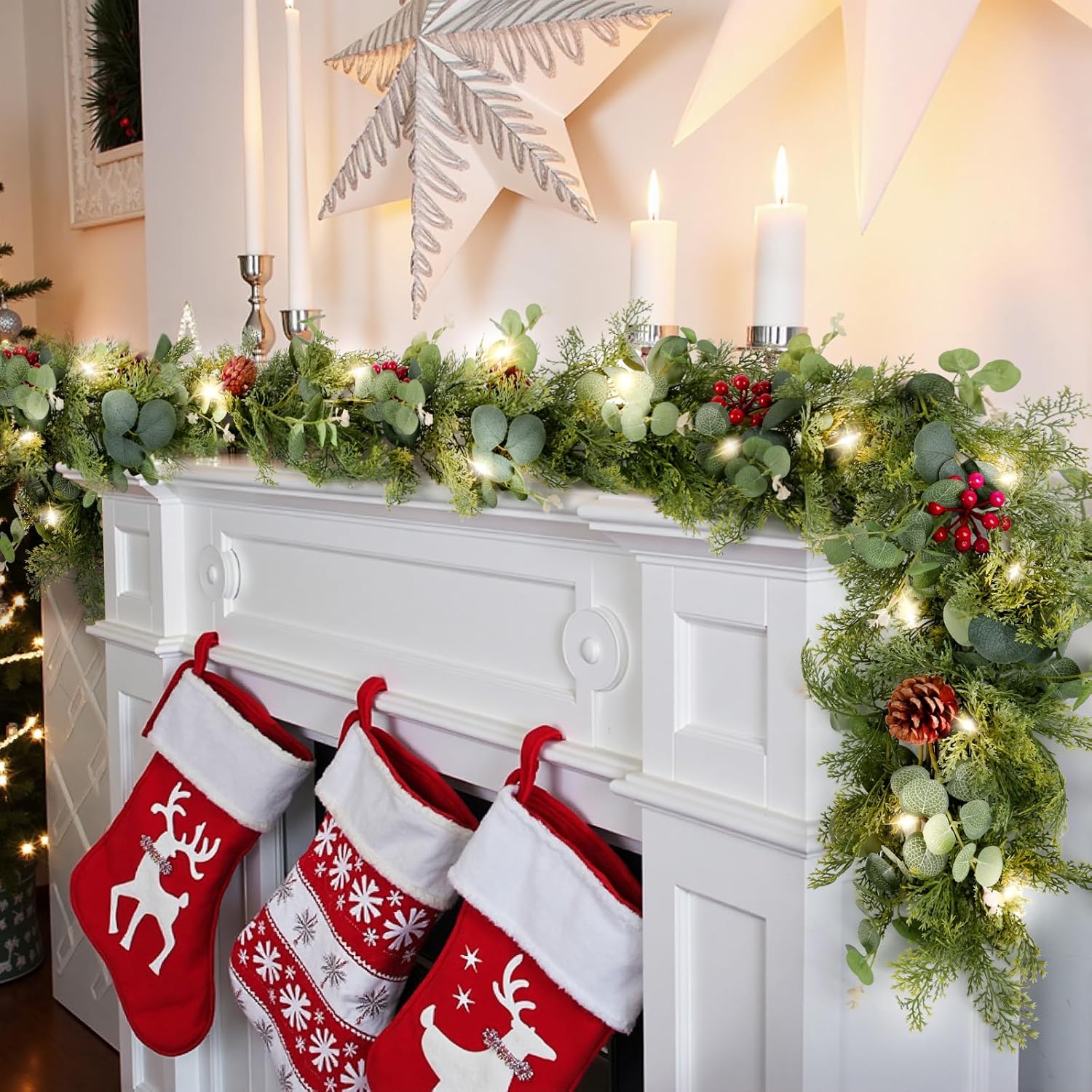 6ft Christmas Garland, Norfolk Pine Lighted Garland with Berries & Pinecones, Real Touch Greenery Wreath for