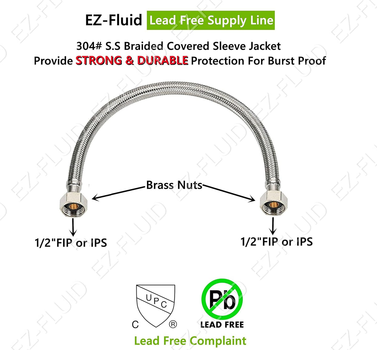 (1) 20" Water Supply Line,1/2" Fip x 1/2" Fip LF,Brass Nuts,Universal Stainless Steel Braided Faucet Water Supply