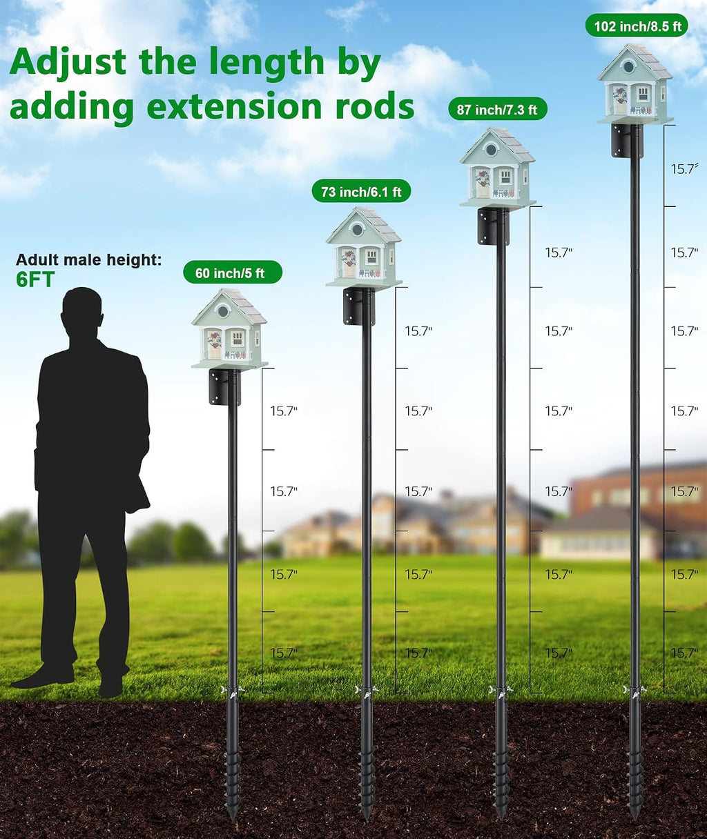 Heavy Duty Bird Feeder Pole - 73 Inch Adjustable 1 Inch Metal Bird House Pole with 14” Deep Auger Base | Outdoor
