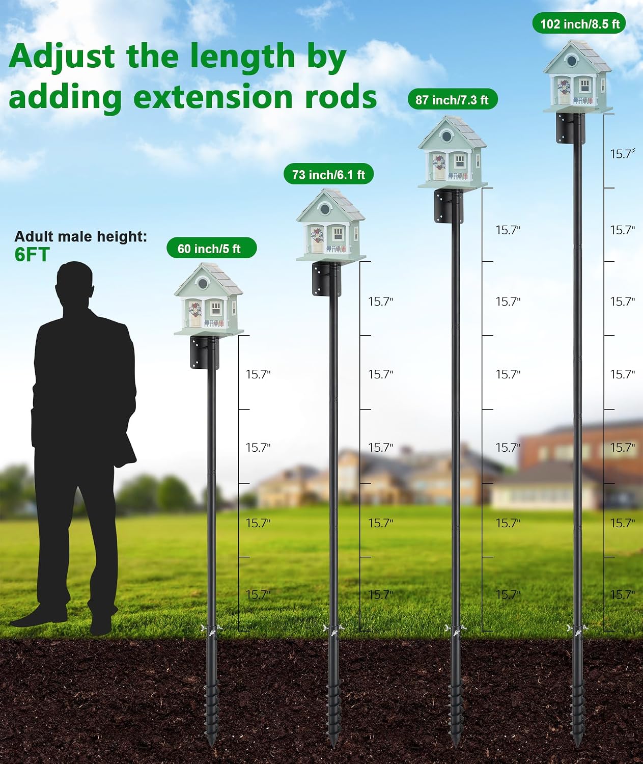 Heavy Duty Bird Feeder Pole - 73 Inch Adjustable 1 Inch Metal Bird House Pole with 14” Deep Auger Base | Outdoor