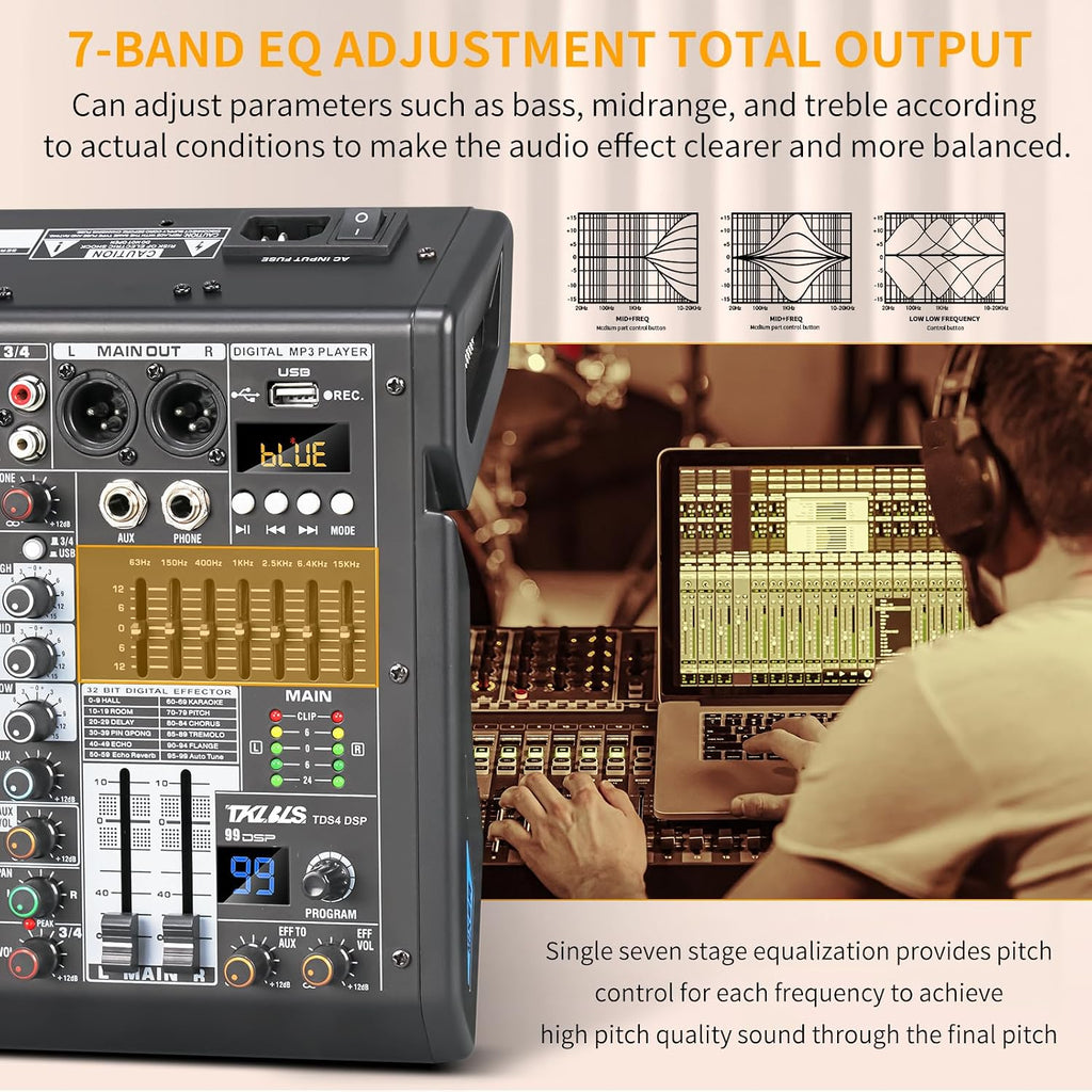 4 Channel Audio Mixer for Home Audio, Sound Mixer Board with USB Interface, 99 DSP Effects, 48V Phantom Power, XLR