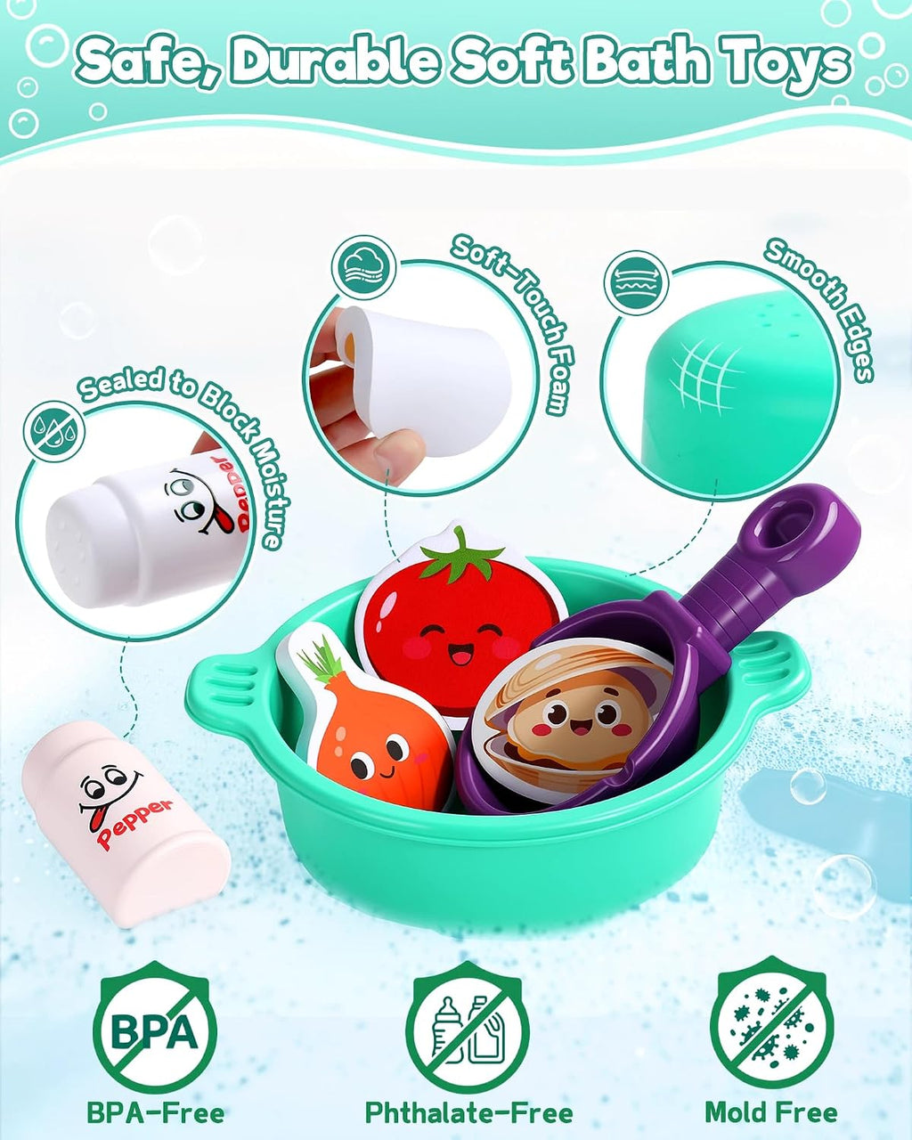 Bath Toys for Kids Ages 4-8 Bathtub Water Toys Play Food Cooking Set | 16 Pcs Mold Free Floating Foam Vegetables &