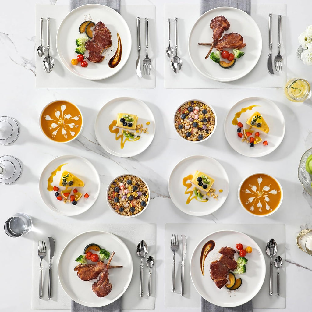 12 Pieces Porcelain Dinnerware Set, Modern White Dish Set for 4, Premium Serving Plates and Bowls Sets, Chip and