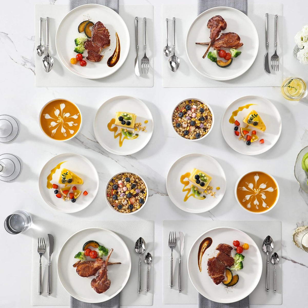 12 Pieces Porcelain Dinnerware Set, Modern White Dish Set for 4, Premium Serving Plates and Bowls Sets, Chip and