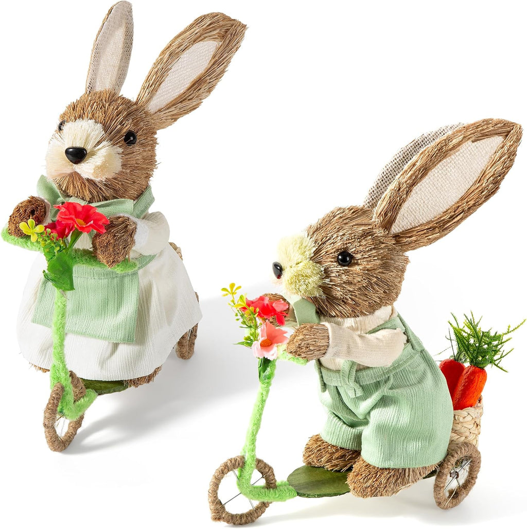 Easter Decor Bunny Bicycle Figurines 10.6 Inch, Easter Bunny Decor with Carrot, Eggs & Flowers, Straw Bunny Couple