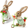 Easter Decor Bunny Bicycle Figurines 10.6 Inch, Easter Bunny Decor with Carrot, Eggs & Flowers, Straw Bunny Couple
