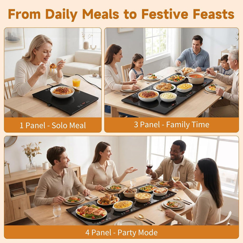 Electric Warming Tray 47"x 15" Extra-Long Warming Mat for Food with Independent Temp&Timer Control 4-in-1 Modular