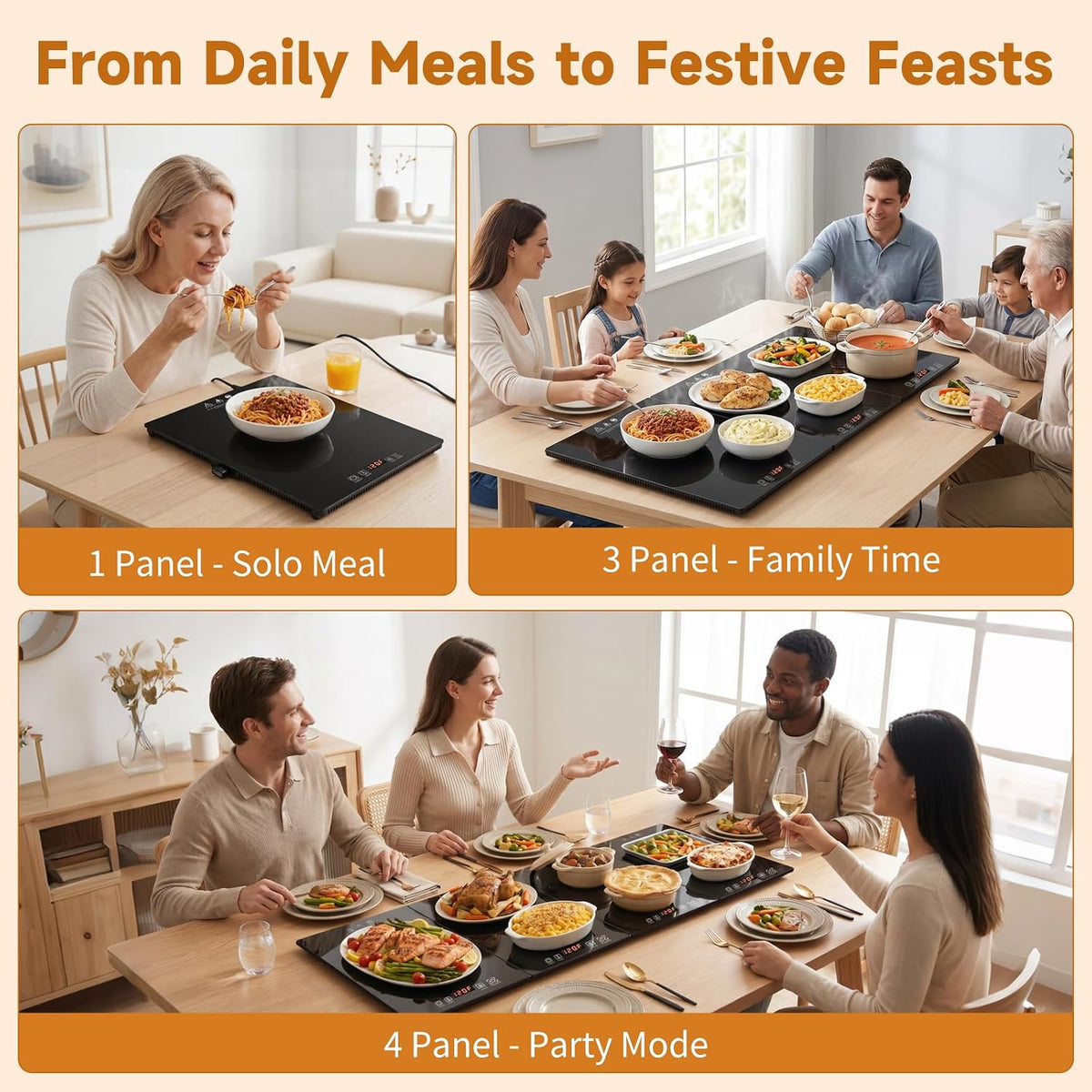 Electric Warming Tray 47"x 15" Extra-Long Warming Mat for Food with Independent Temp&Timer Control 4-in-1 Modular
