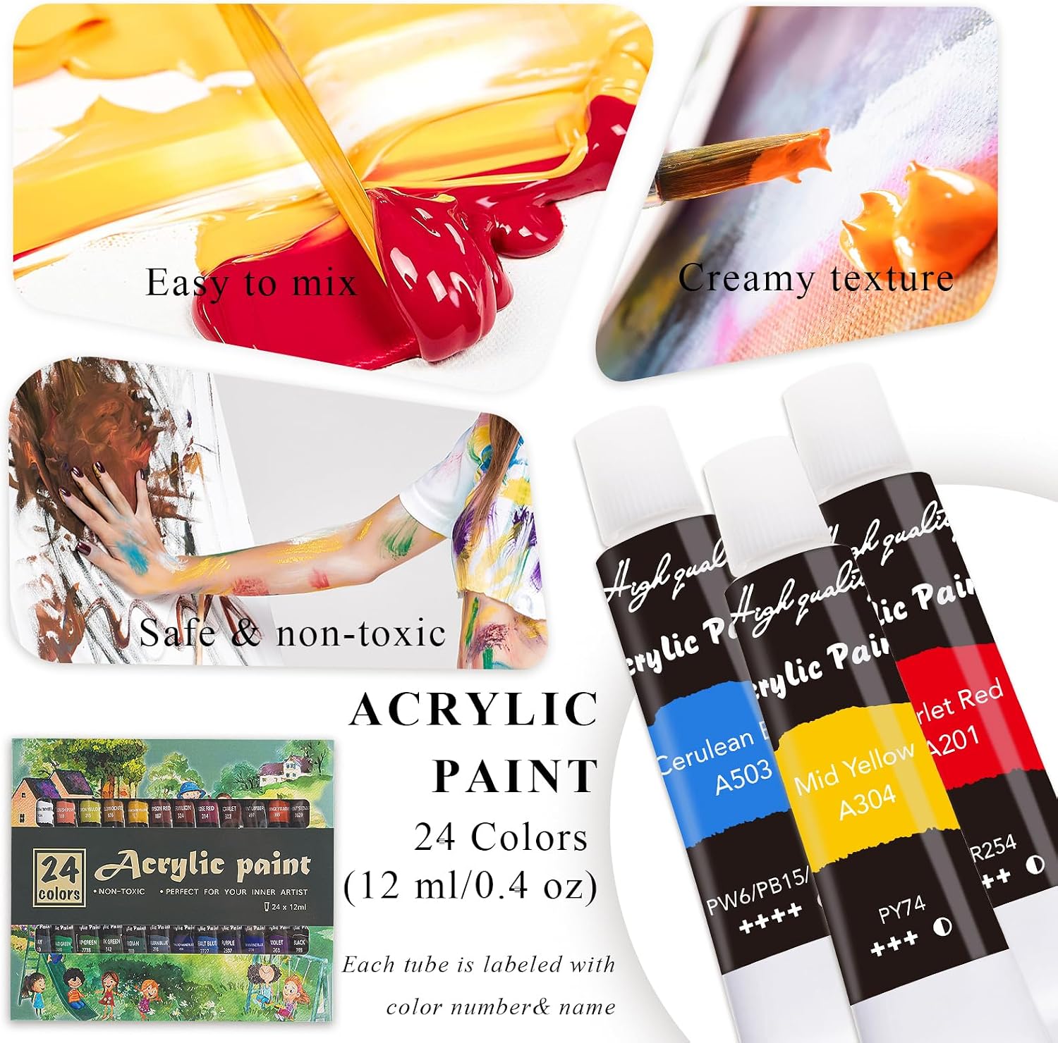 Acrylic Paint Set for Kids & Adults, 41 PCS Paint Kit, Art Painting Supplies Kit with 24 Acrylic Paints, 8 Paint