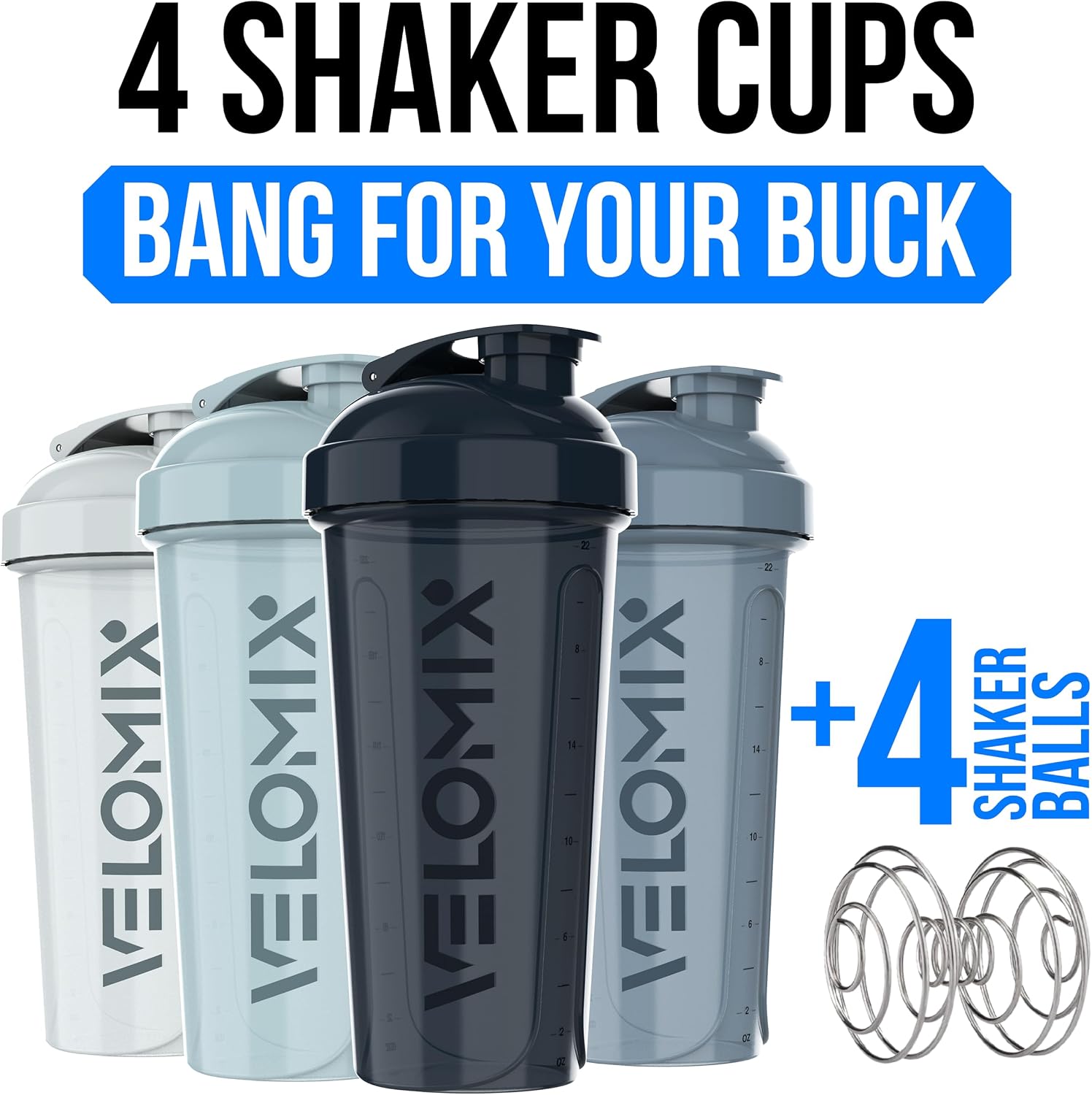 4 Pack 28oz Shaker Cups for Protein Shakes, Aqua Depths | 4x Wire Whisk, Leak Proof Protein Shaker Bottle for Protein