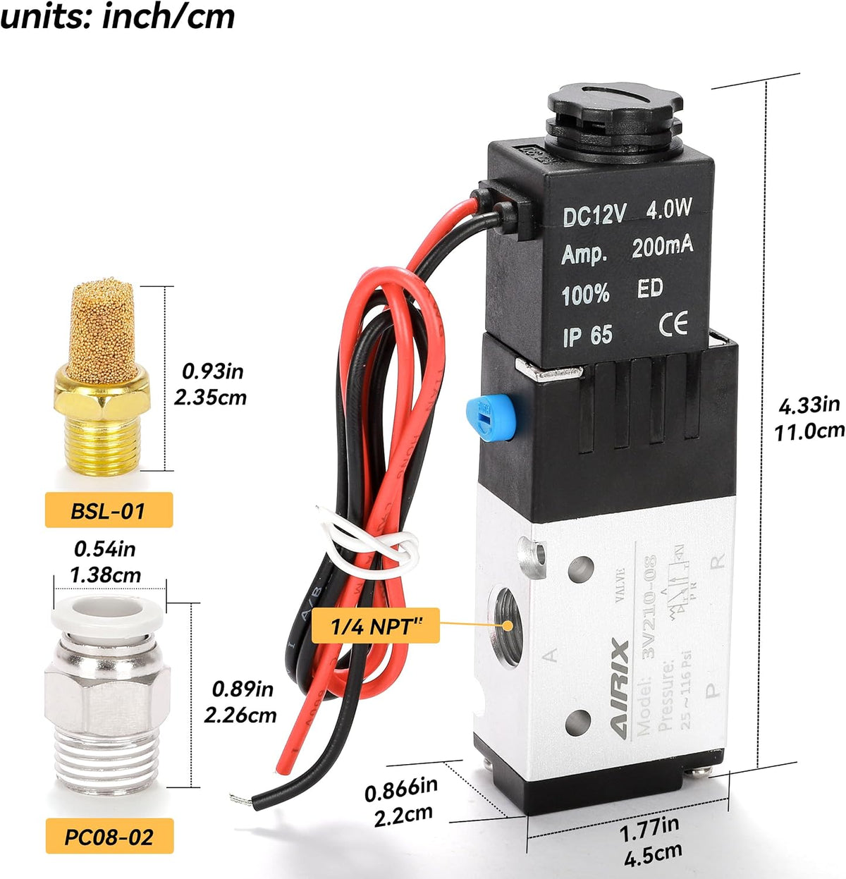 1/4" NPT Solenoid Valve 3V210-08, 3-Way N.C., DC 12V, Lead