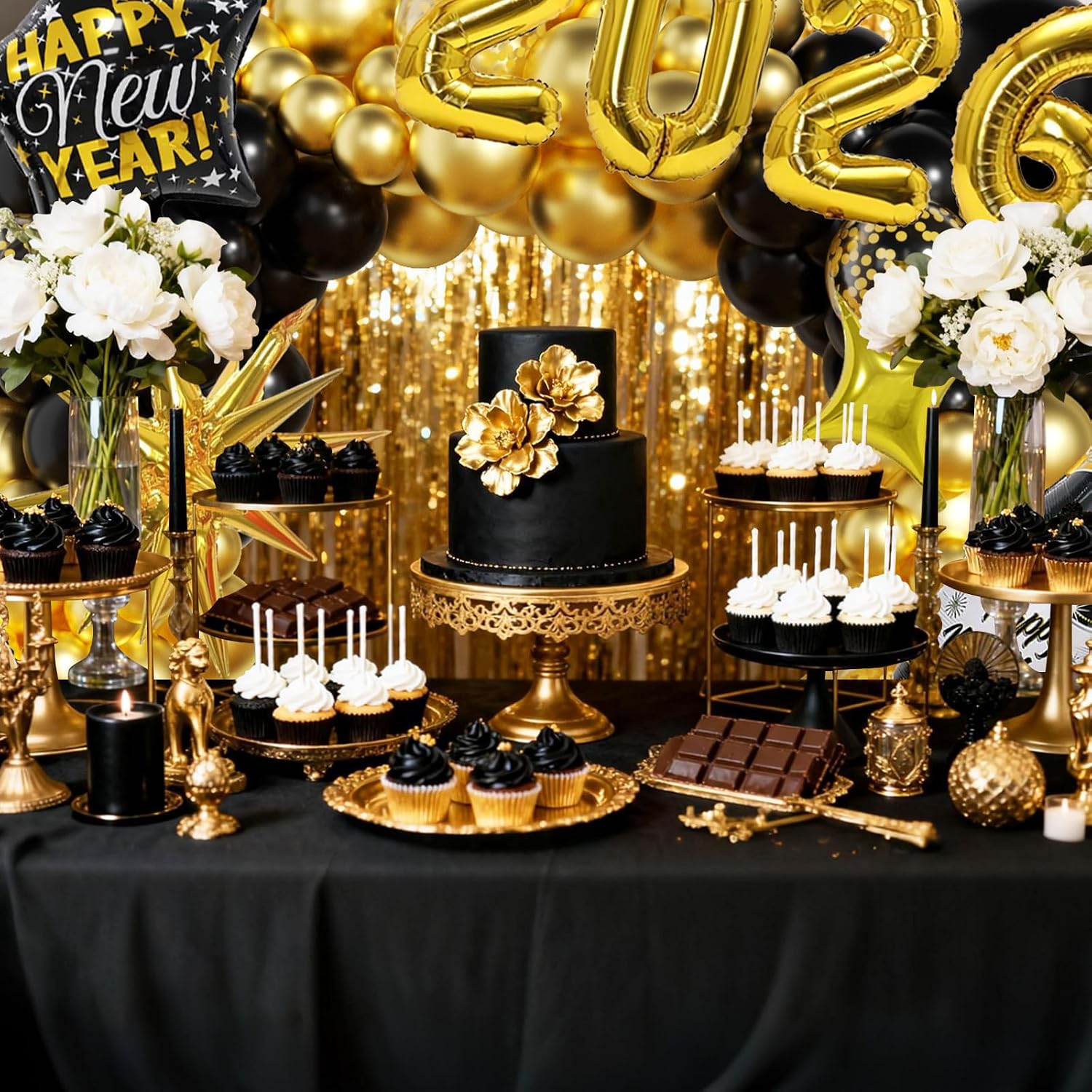 New Years Decorations 2026 Eve Party Supplies with Glasses Hats Black Gold Confetti Balloons 2026 Number Balloons New