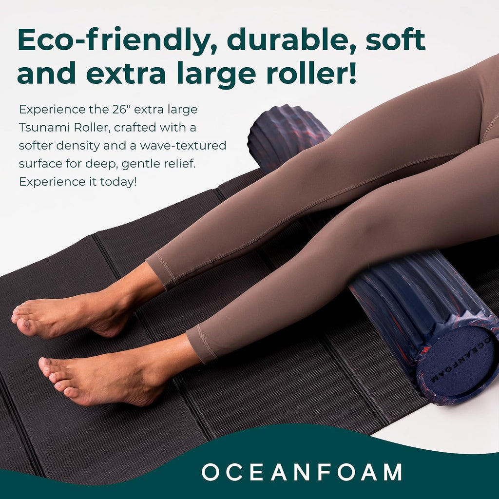 Tsunami Roller (Dark Navy, Red & Natural Marbled) - Extra-Large, 26" x 5.9" - Soft, Textured Foam Roller for Physical
