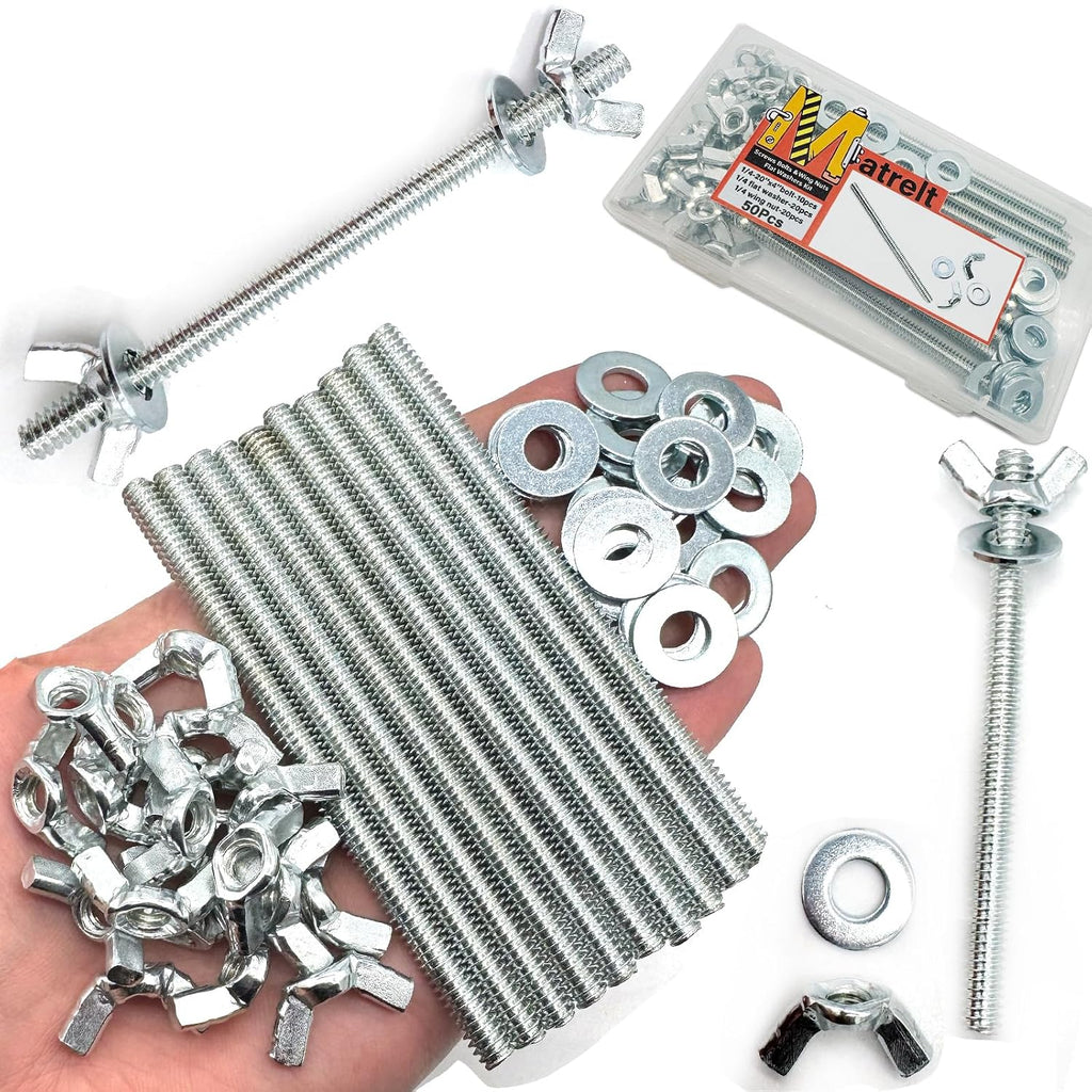10Sets (50 Pcs Total) 1/4"-20 x4 Screws Bolts and Wing Nuts Flat Washers Kit Fully Threaded Rod and Nut with Hand