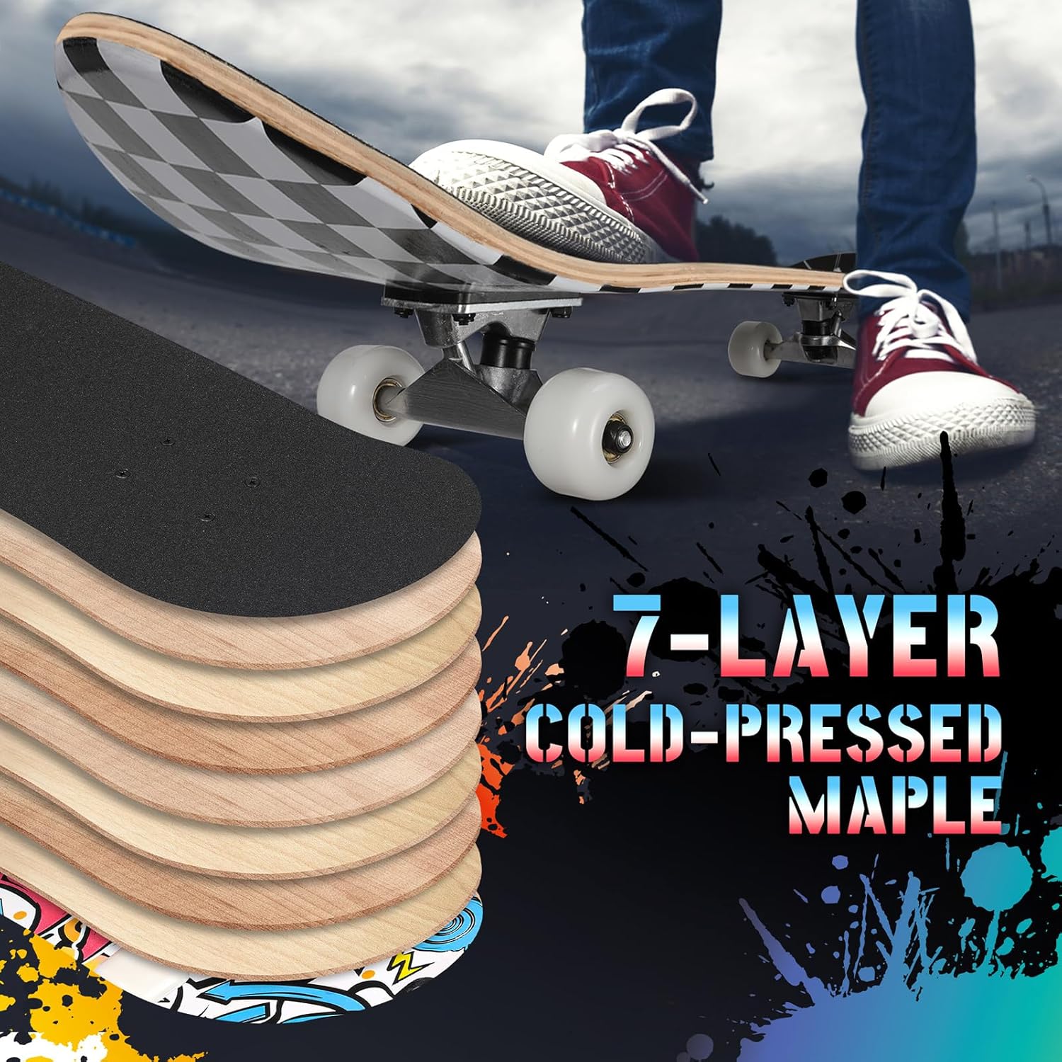 Pro Complete Skateboards for Beginners Girls Boys Kids Youths Teens Adults 31"x8" Skate Boards 7 Layers Canadian