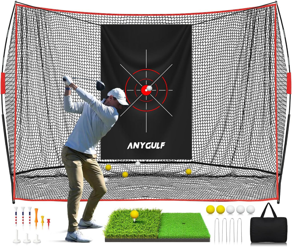 Pro Golf Net, 10x7ft Heavy Duty Golf Practice Net with Mat, Outdoor Indoor Hitting Nets with Noise Reduce Silk Target