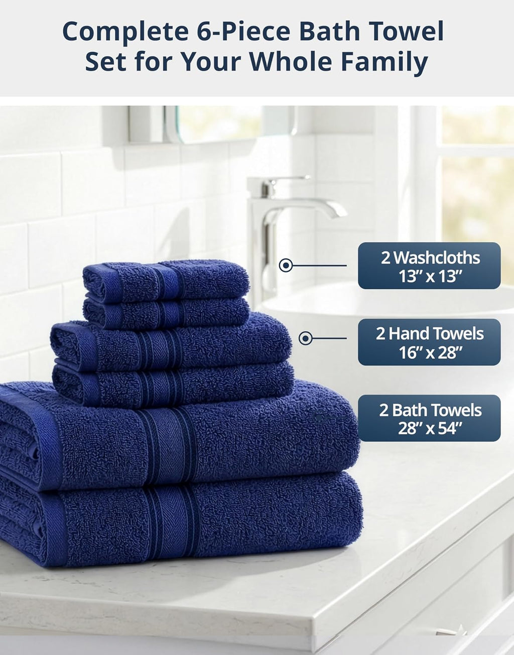 Bath Towel Set 100% Cotton 6 Piece Soft Absorbent - Navy | Shower Towels - Generously Sized, Oversized & Roomy