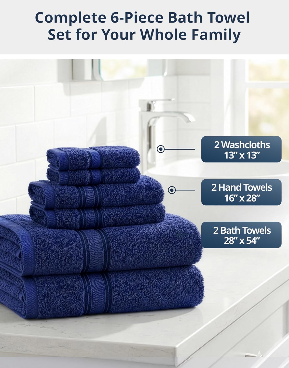 Bath Towel Set 100% Cotton 6 Piece Soft Absorbent - Navy | Shower Towels - Generously Sized, Oversized & Roomy