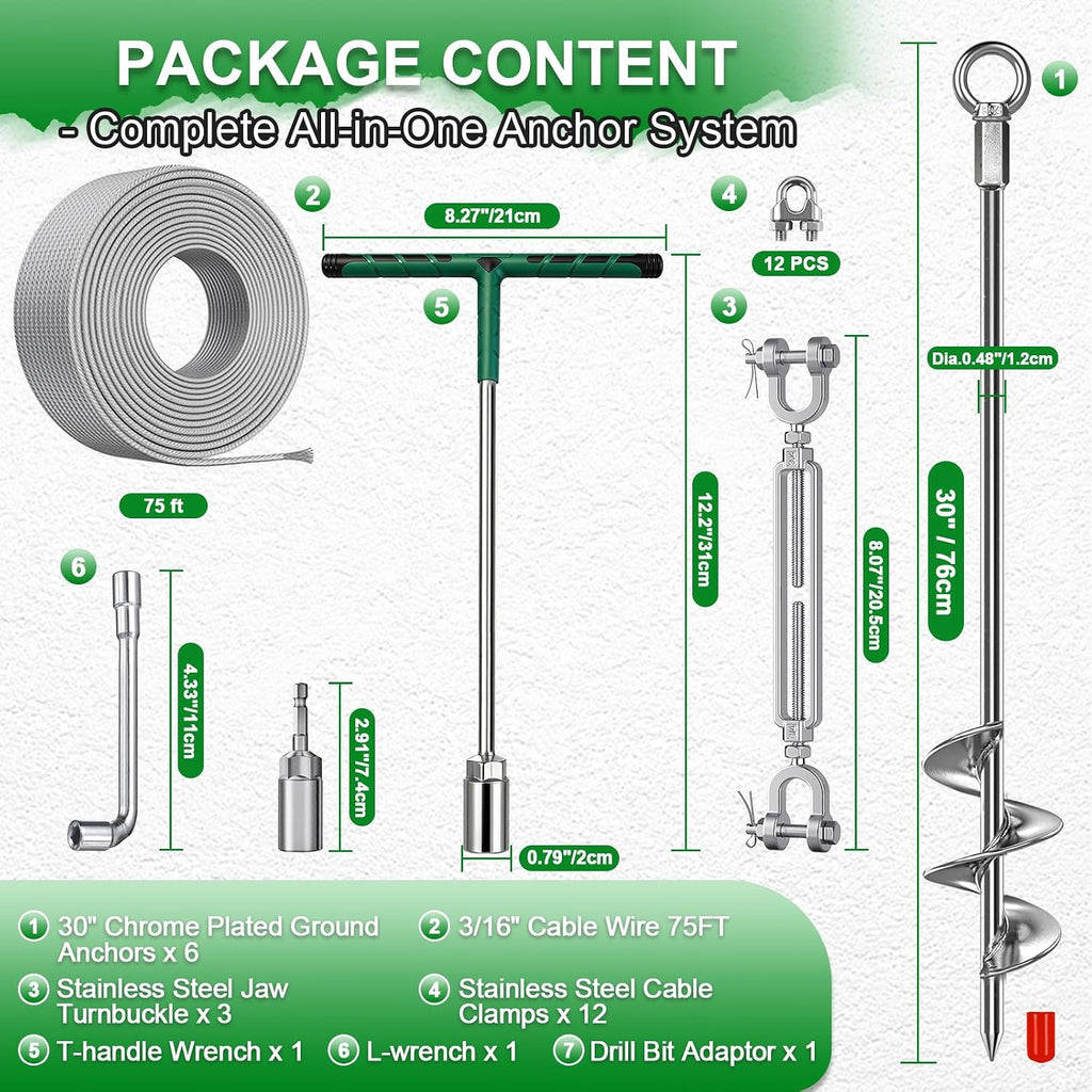 30 Inch Shed Anchor Kit, Shed Tie Down Anchor Kit, Heavy Duty Ground Anchors Screw in - 6 Pack Chrome Plated Earth