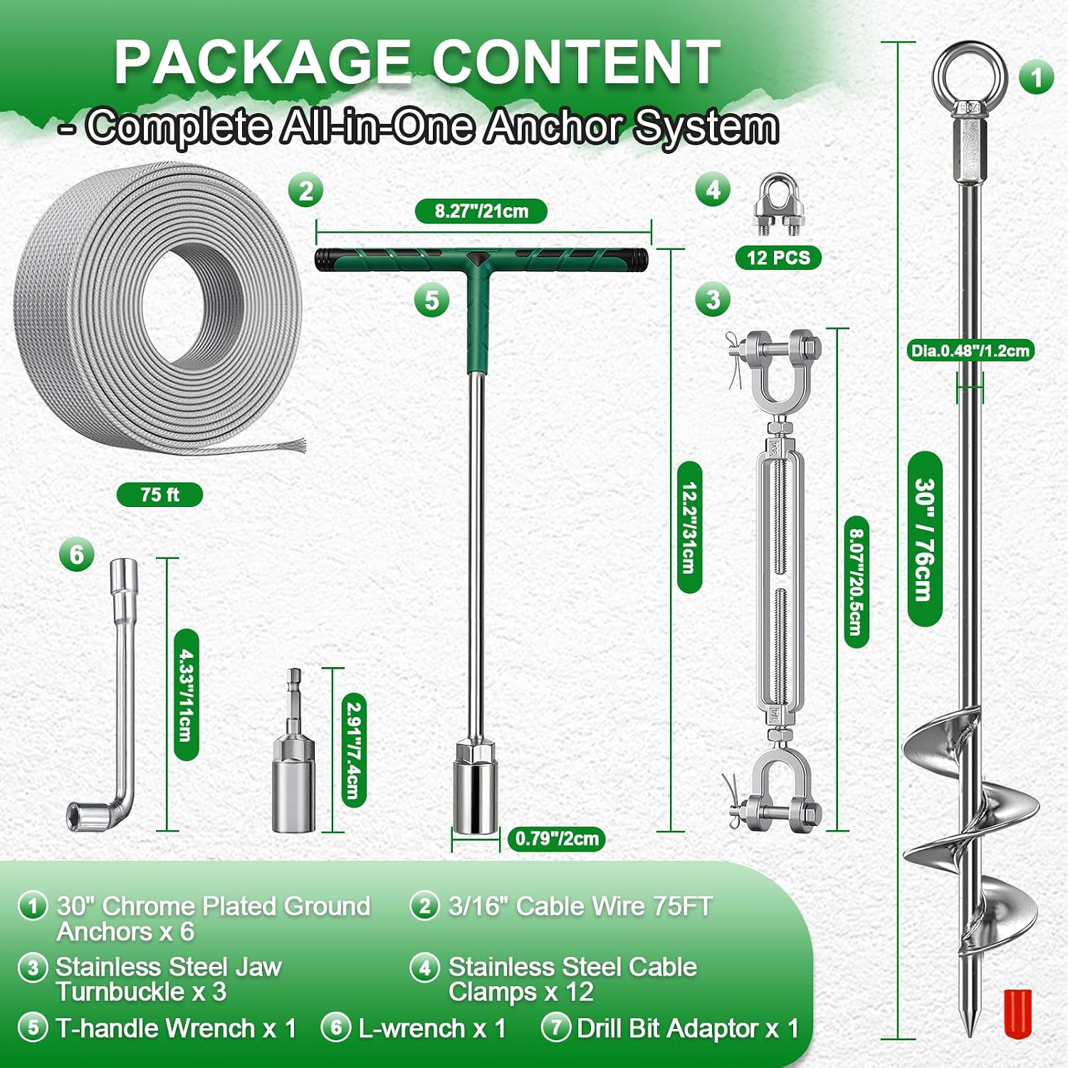 30 Inch Shed Anchor Kit, Shed Tie Down Anchor Kit, Heavy Duty Ground Anchors Screw in - 6 Pack Chrome Plated Earth