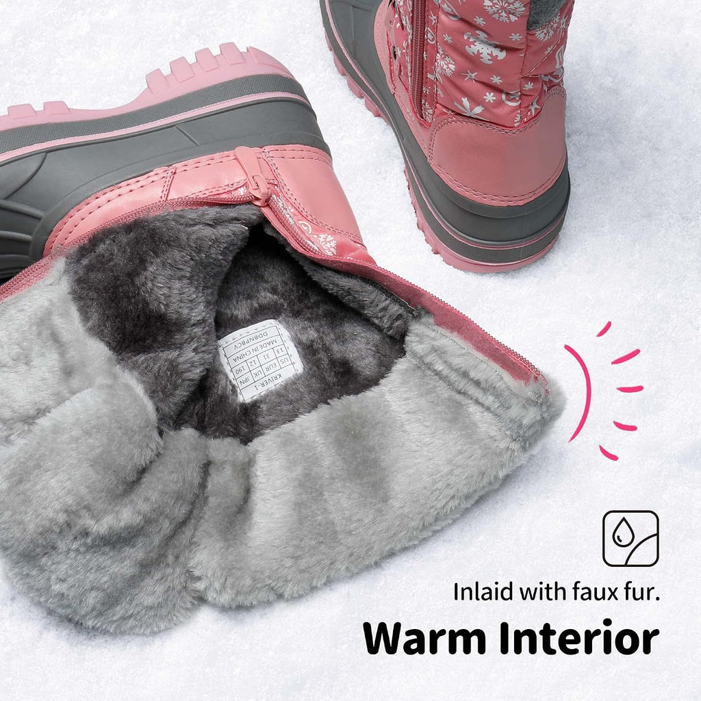 Girls Snow Waterproof Winter Boots | Warm Faux Fur Lined Outdoor Secure Grip Anti Slip Outsole Easy Wear Windproof