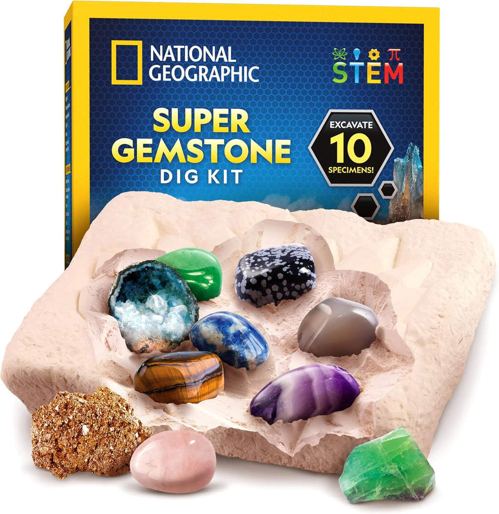 National Geographic Gemstone Dig Kit with 10 Real Gemstones for Kids | Amethyst, Quartz & Tiger's Eye, Gem Mining
