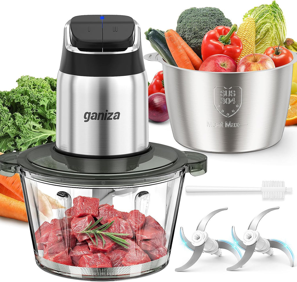 Food Processor with Dual Bowls, 2-Speed Food Chopper & Meat Grinder | 8Cup Stainless & 8Cup Glass Bowls, Upgraded