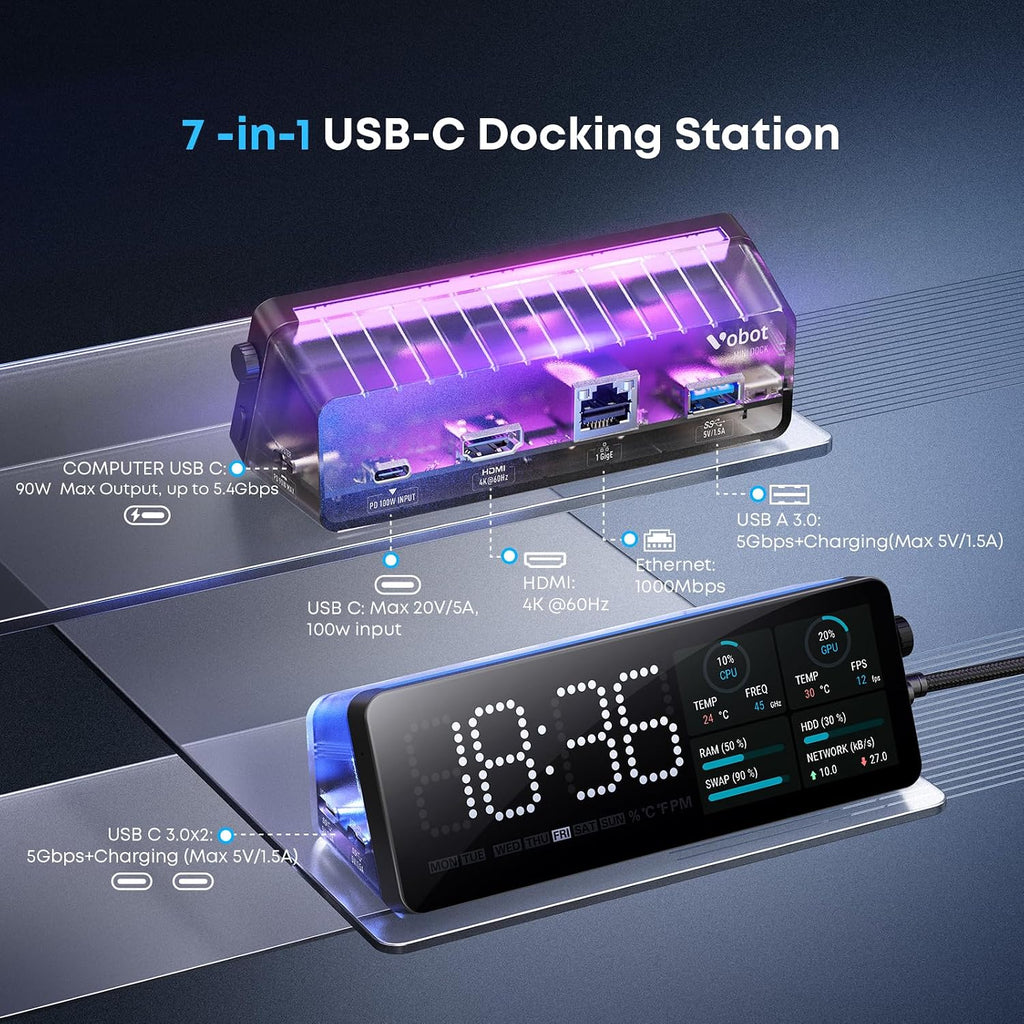 Laptop Docking Station, 7-in-1 USB C Docking Station with Screen, Multiple Built-in Apps, USB C Dock with HDMI