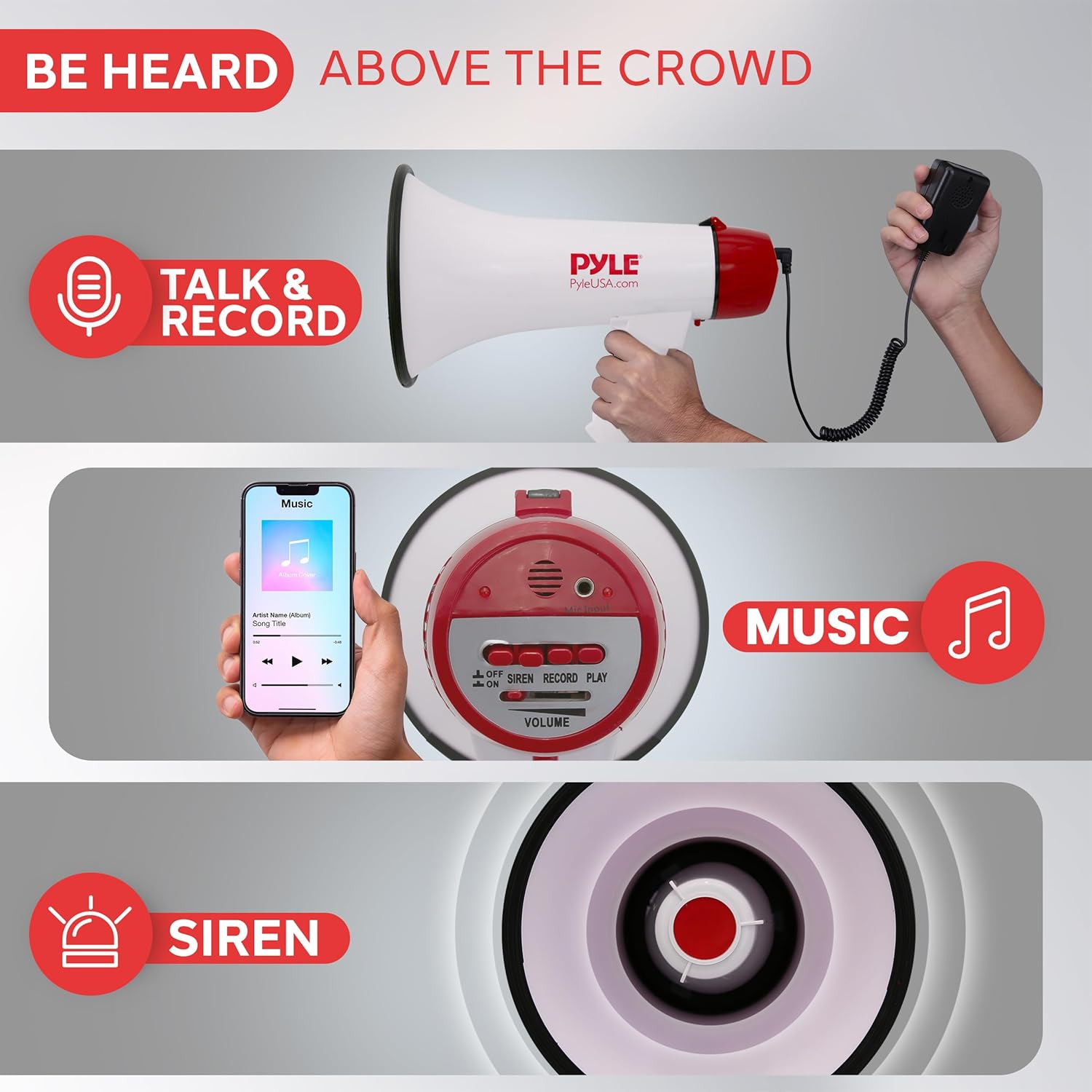 Megaphone Speaker PA Bullhorn - Built-in Siren Rechargeable Battery, Auxiliary Jack 40Watts & 1400 Yard Range