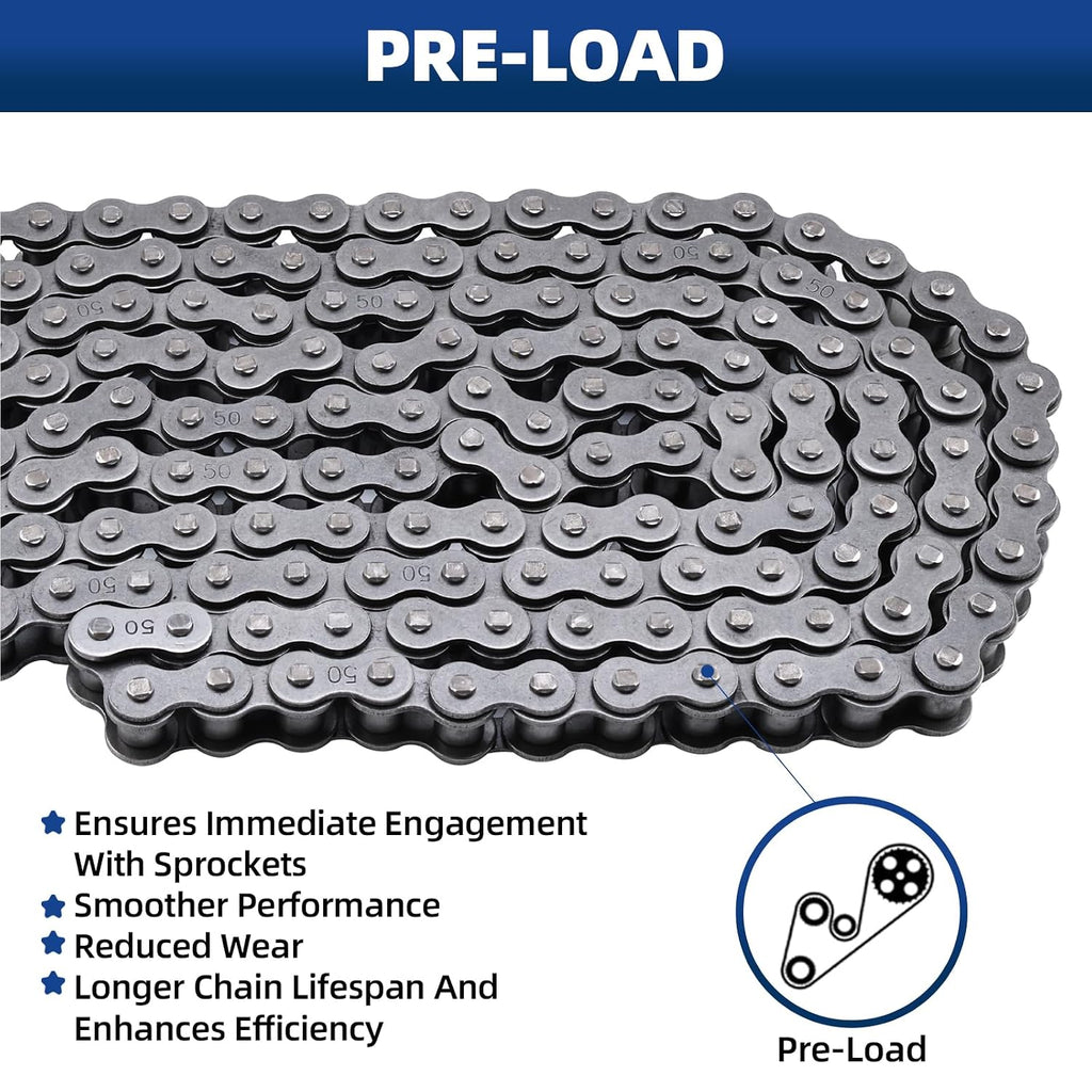 #50 Roller Chain, 10 Feet Carbon Steel Chain with 4 Free Connecting Links
