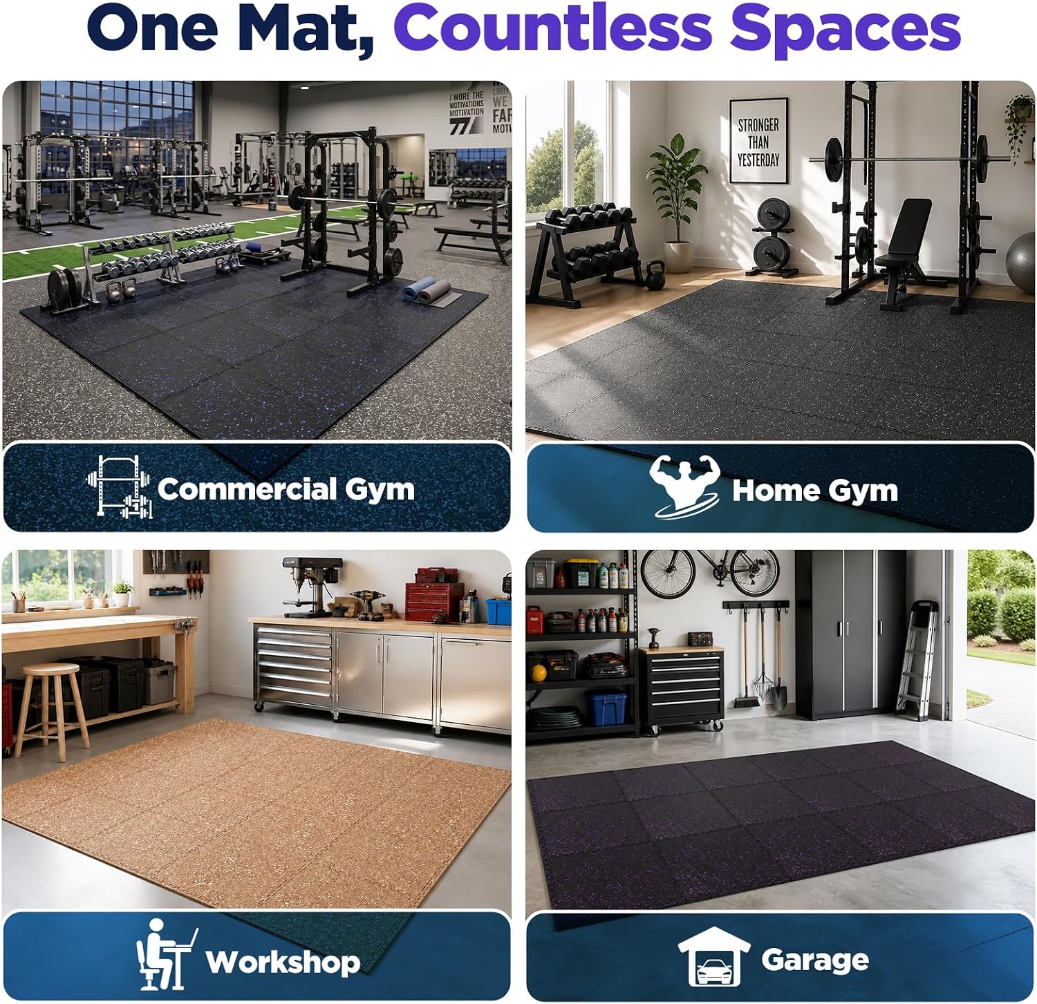 96 Sq Ft Rubber Top Gym Flooring for Home Gym, 24 Tiles High Density EVA Foam Exercise Equipment Mats, 0.4"