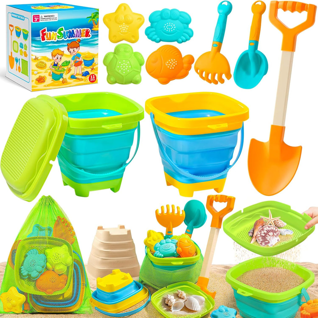 Collapsible Beach Sand Toys for Kids Toddlers, Collapsible Sand Bucket | Sand Sifter Shovels Set with Mesh Bag and