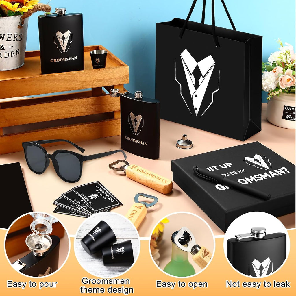 80 Pcs Groomsmen Gifts Set of 8, Groomsmen Proposal Gift Set, 8 Flask and 16 Stainless Steel Shot Glass 8 Wood Bottle