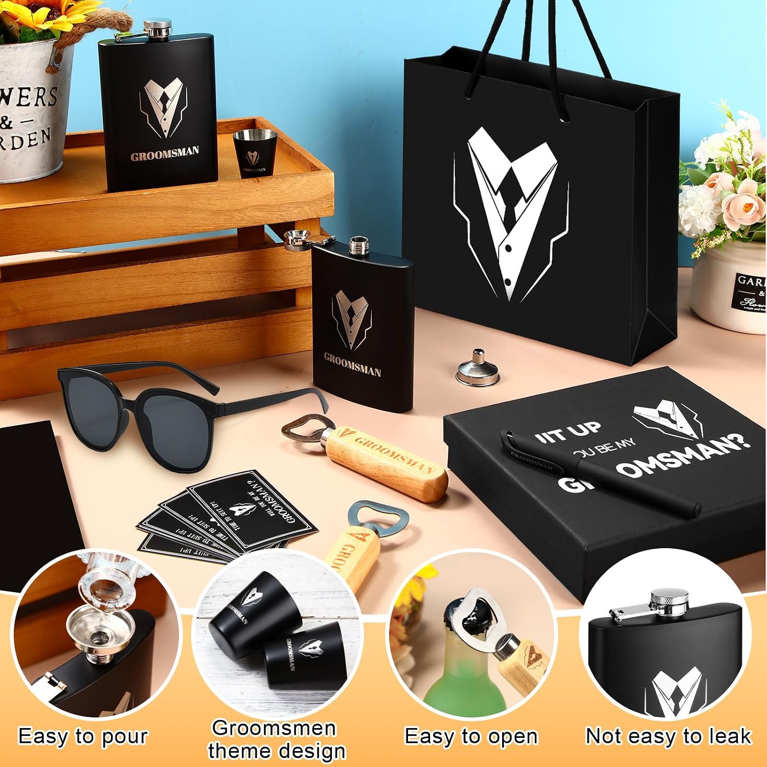80 Pcs Groomsmen Gifts Set of 8, Groomsmen Proposal Gift Set, 8 Flask and 16 Stainless Steel Shot Glass 8 Wood Bottle