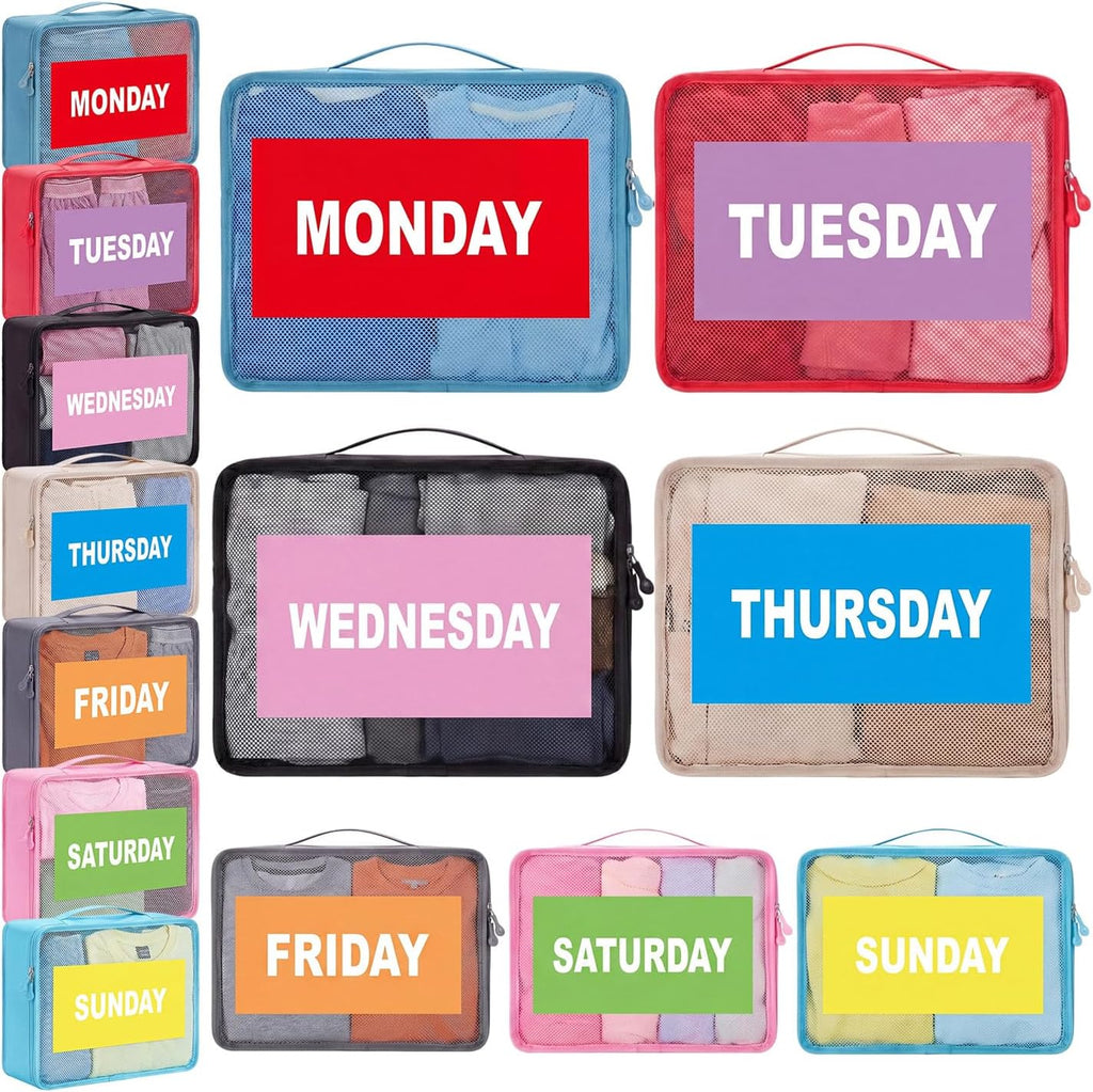 14 Pcs Packing Cubes for Travel Days of Week Packing Cubes with Labels Zippered Camping Bag for Summer Camp Essentials